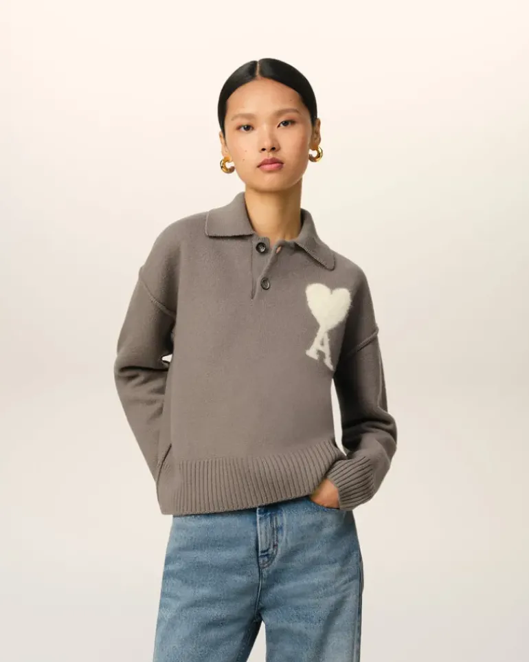 Ami Paris Taupe Wool Ami de Coeur Polo ASH/OFFWHITE Store