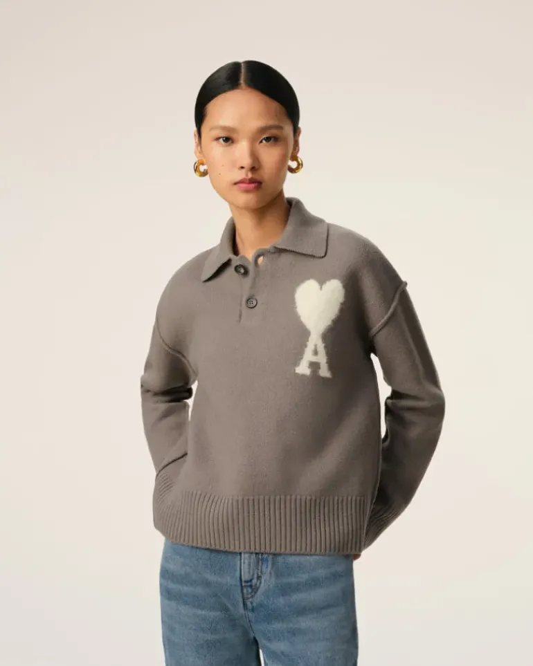 Ami Paris Taupe Wool Ami de Coeur Polo ASH/OFFWHITE Store