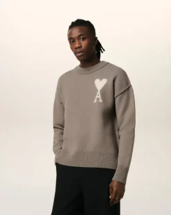 Ami Paris Taupe Wool Ami de Coeur Sweater ASH/OFFWHITE Flash Sale