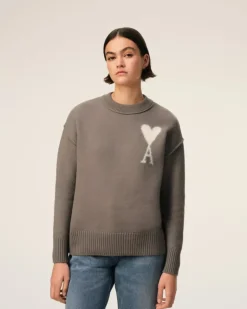 Ami Paris Taupe Wool Ami de Coeur Sweater ASH/OFFWHITE Flash Sale