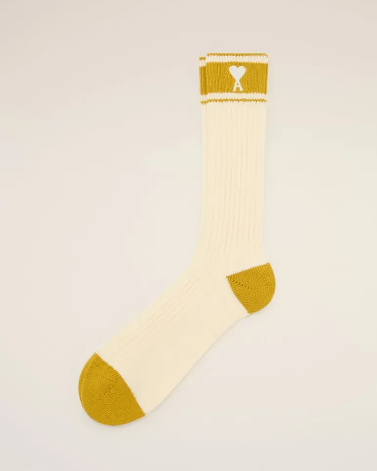 Ami Paris White Cotton Ami de Coeur Striped Socks WHITE CREAM/CURRY Online