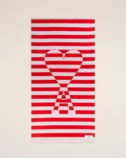 Ami Paris White Cotton Ami de Coeur Beach Towel WHITE CREAM/POPPY New