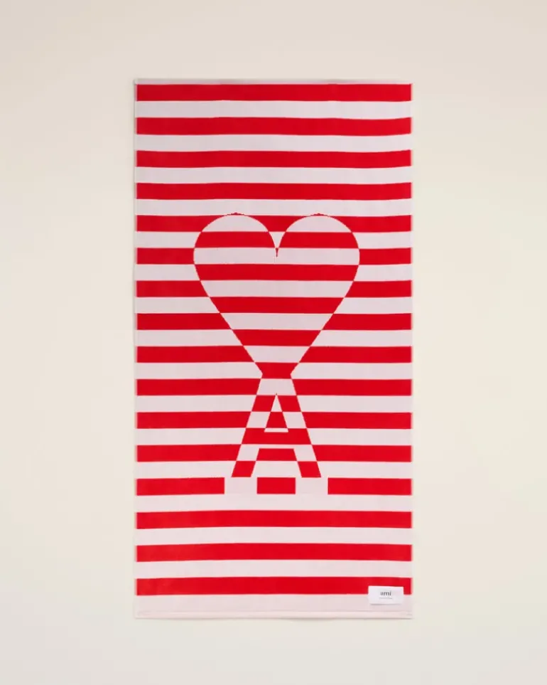 Ami Paris White Cotton Ami de Coeur Beach Towel WHITE CREAM/POPPY New