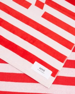 Ami Paris White Cotton Ami de Coeur Beach Towel WHITE CREAM/POPPY New
