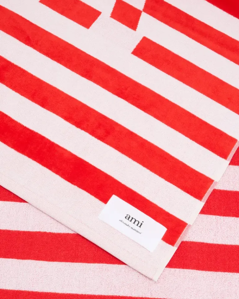 Ami Paris White Cotton Ami de Coeur Beach Towel WHITE CREAM/POPPY New