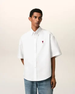 Ami Paris White Cotton Boxy Fit Short Sleeves Shirt NATURAL WHITE Hot