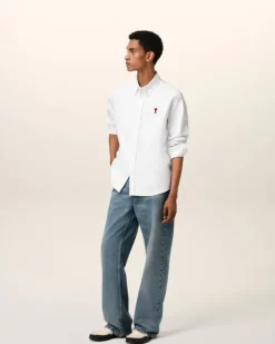 Ami Paris White Cotton Button-Down Ami de Coeur Shirt NATURAL WHITE Shop