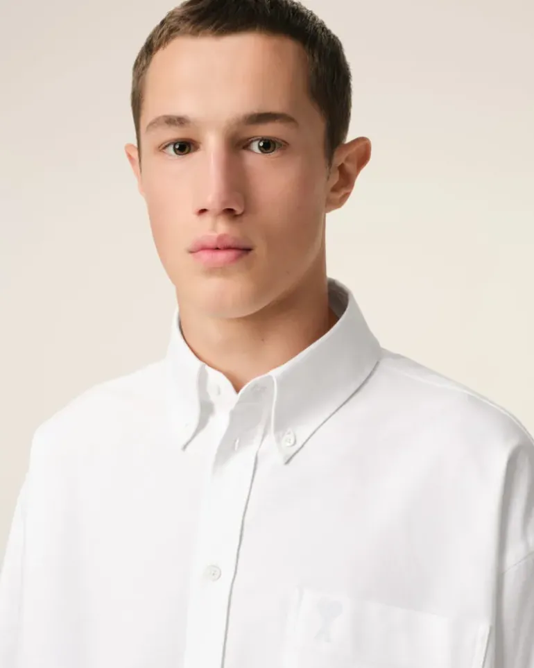 Ami Paris White Cotton Cropped Oversized Shirt NATURAL WHITE Discount