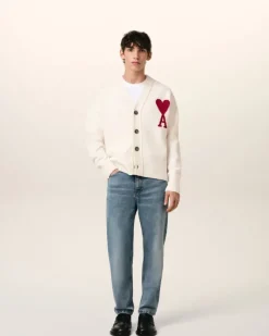 Ami Paris White Wool Ami de Coeur Cardigan OFF WHITE/ RED Clearance