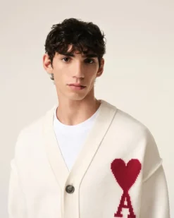 Ami Paris White Wool Ami de Coeur Cardigan OFF WHITE/ RED Clearance