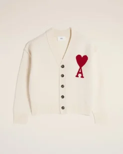 Ami Paris White Wool Ami de Coeur Cardigan OFF WHITE/ RED Clearance
