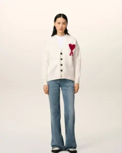 Ami Paris White Wool Ami de Coeur Cardigan OFF WHITE/ RED Clearance