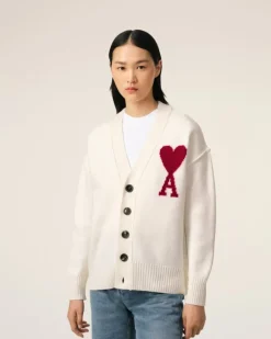 Ami Paris White Wool Ami de Coeur Cardigan OFF WHITE/ RED Clearance