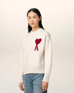 Ami Paris White Wool Ami de Coeur Sweater OFF WHITE/ RED New