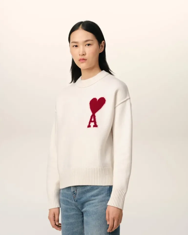 Ami Paris White Wool Ami de Coeur Sweater OFF WHITE/ RED New