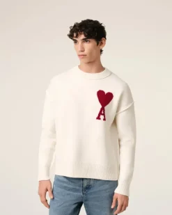 Ami Paris White Wool Ami de Coeur Sweater OFF WHITE/ RED New