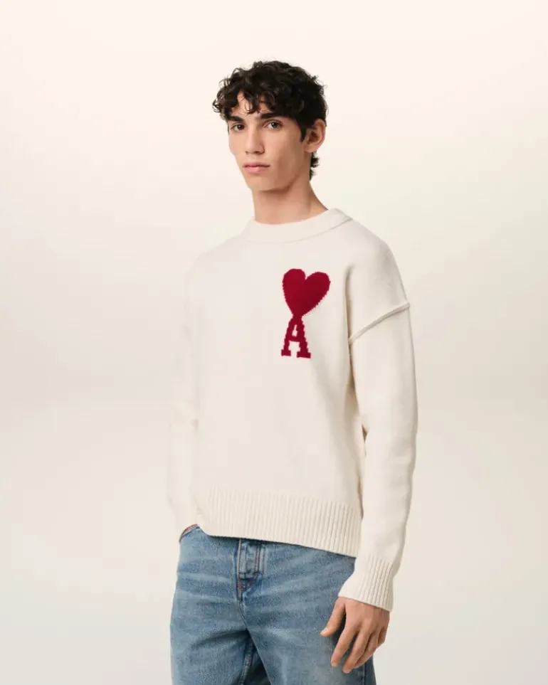 Ami Paris White Wool Ami de Coeur Sweater OFF WHITE/ RED New