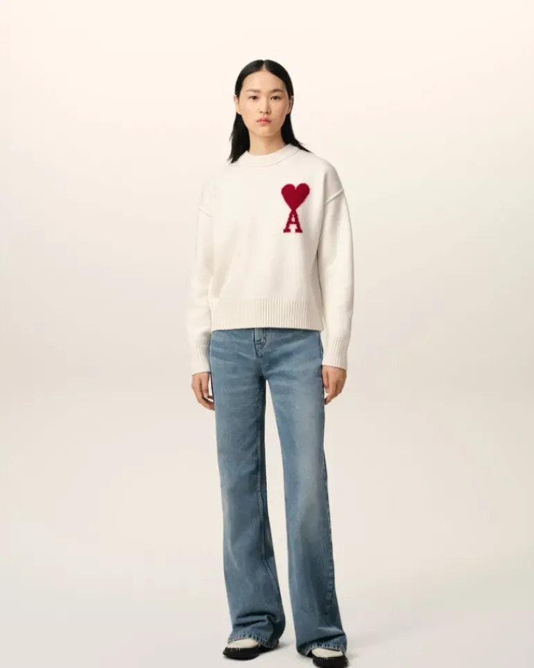 Ami Paris White Wool Ami de Coeur Sweater OFF WHITE/ RED New