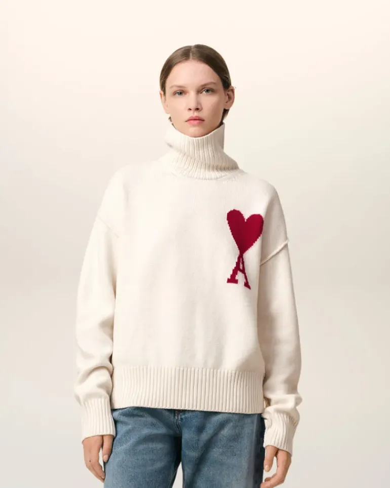 Ami Paris White Wool Ami de Coeur Sweater OFF WHITE/ RED Cheap