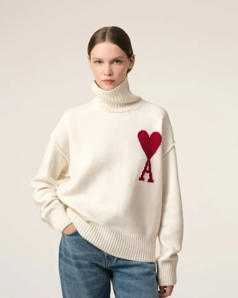 Ami Paris White Wool Ami de Coeur Sweater OFF WHITE/ RED Cheap